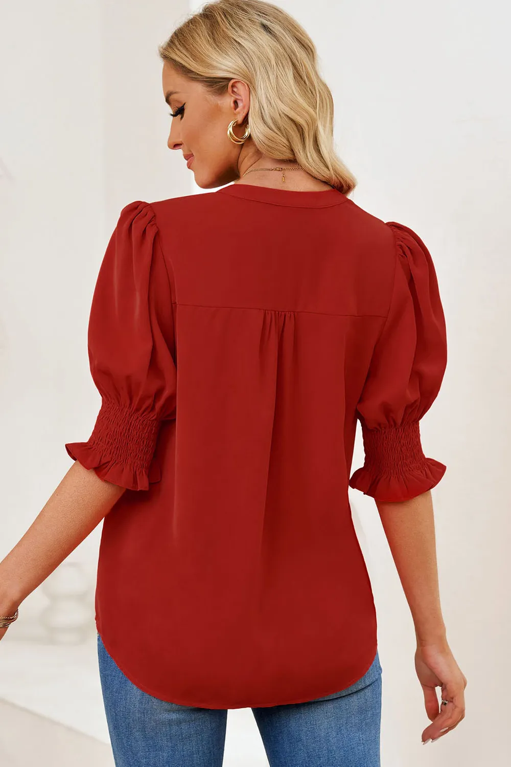 Smocked Flounce Sleeve Notched Neck Blouse, image 14