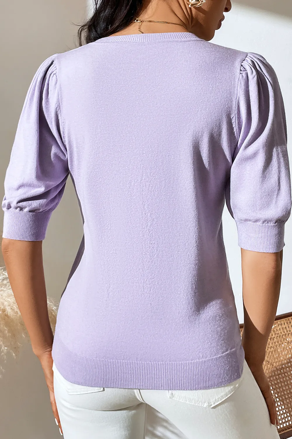 Round Neck Puff Sleeve Knit Top, image 3