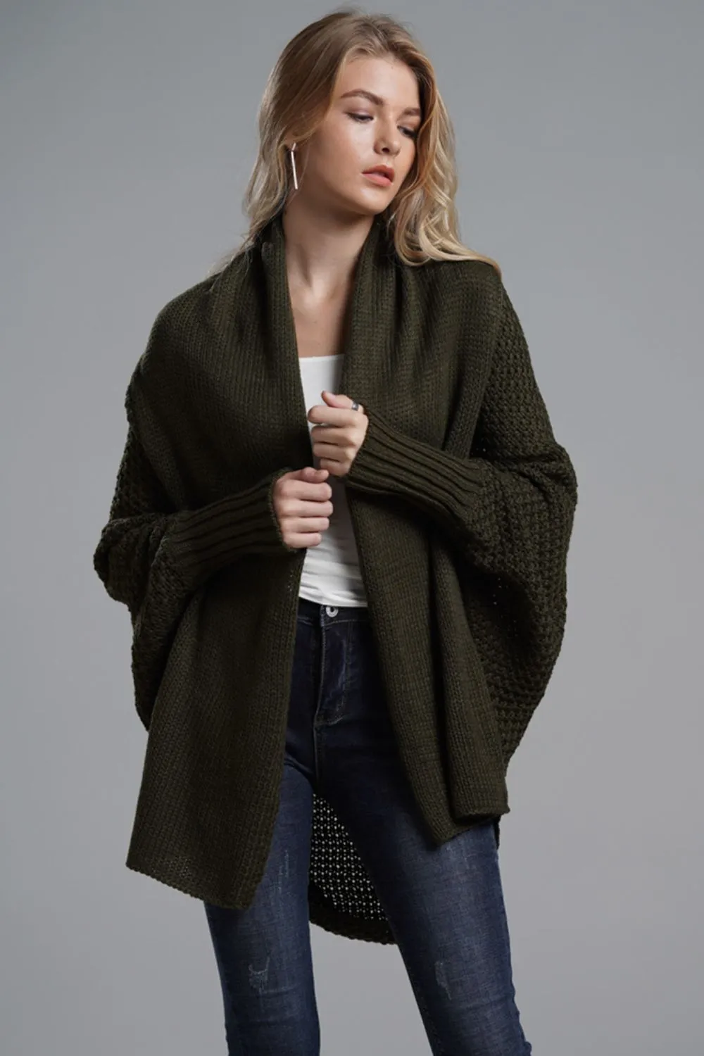 Dolman Sleeve Open Front Ribbed Trim Longline Cardigan, image 31