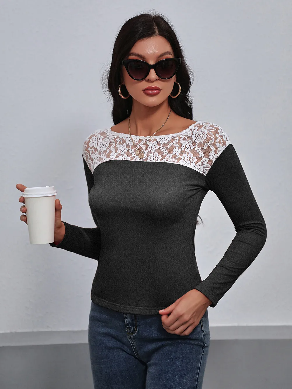 Lace Trim Long Sleeve Round Neck Tee, image 5