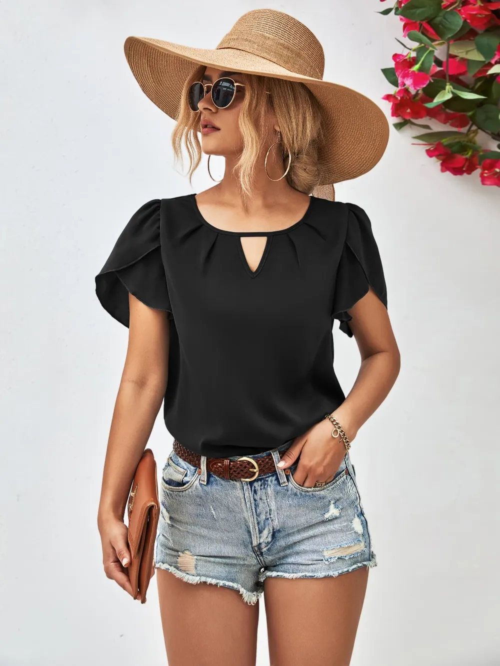 Cutout Round Neck Petal Sleeve Blouse, image 5