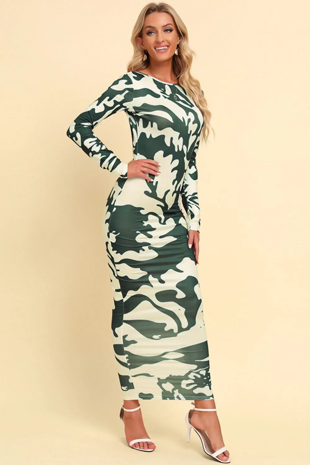 Printed Backless Long Sleeve Maxi Dress, image 3