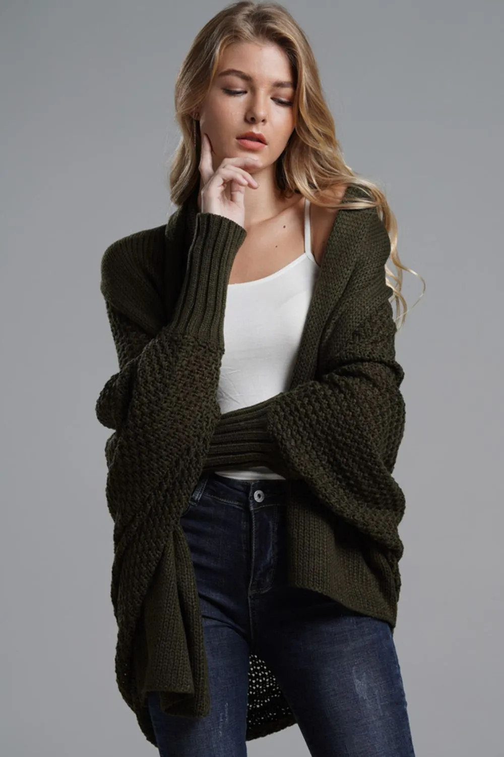 Dolman Sleeve Open Front Ribbed Trim Longline Cardigan, image 32
