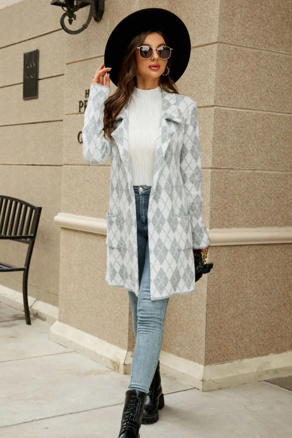 Printed Open Front Lapel Collar Cardigan with Pockets, image 9