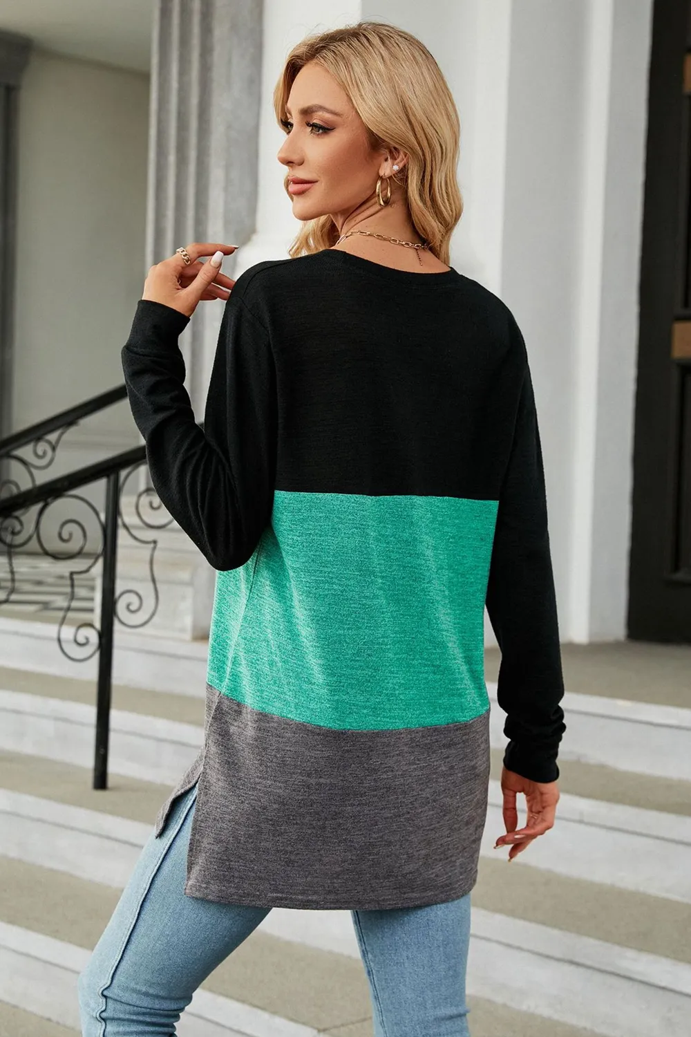 Color Block Round Neck Long Sleeve Slit T-Shirt, image 3