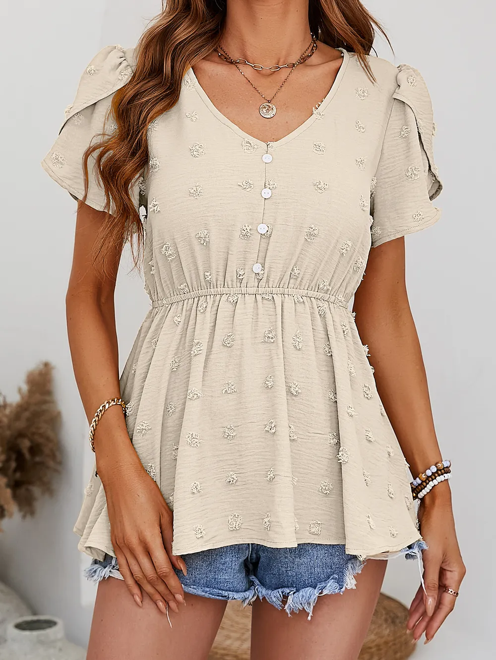 Swiss Dot Buttoned Petal Sleeve Peplum Blouse, image 11