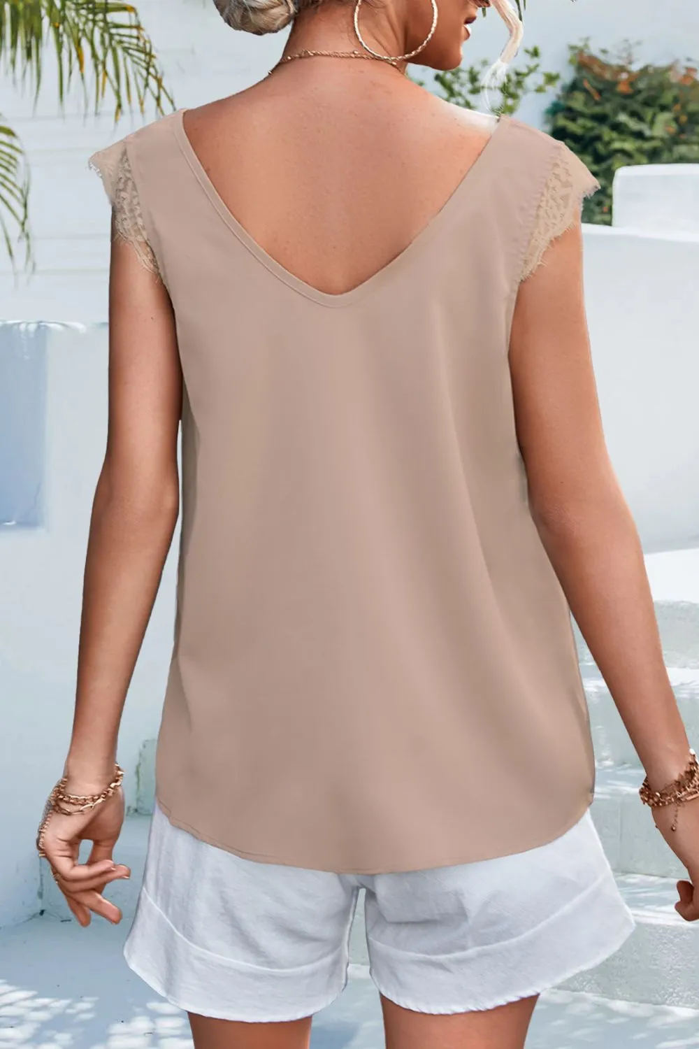 Lace Detail Eyelash Trim V-Neck Tank, image 6