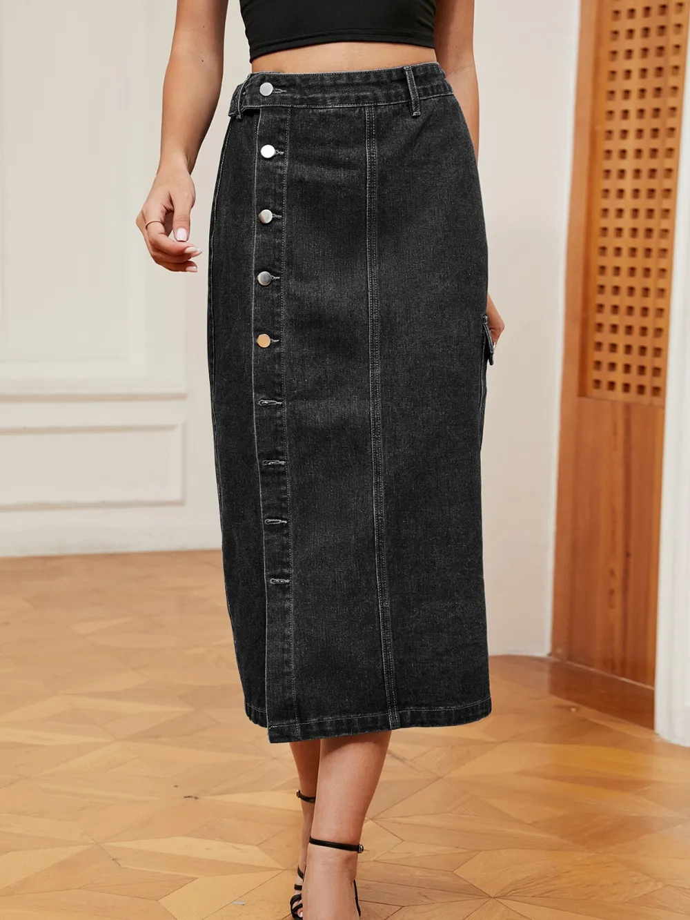 Button Down Midi Denim Skirt, image 7