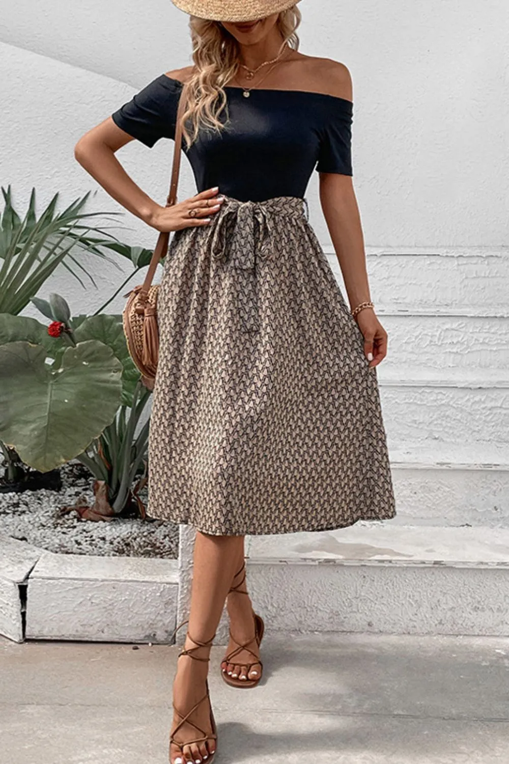 Printed Tie Belt Off-Shoulder Dress, image 4