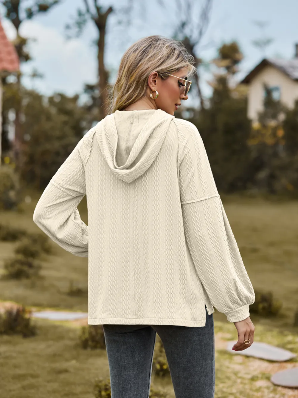 Cable-Knit Dropped Shoulder Hoodie, image 20