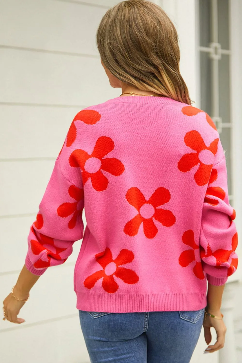 Floral Print Round Neck Dropped Shoulder Pullover Sweater, image 12