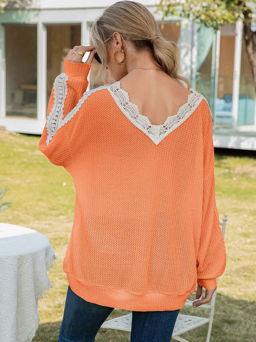 Contrast Spliced Lace V-Neck Top, image 9