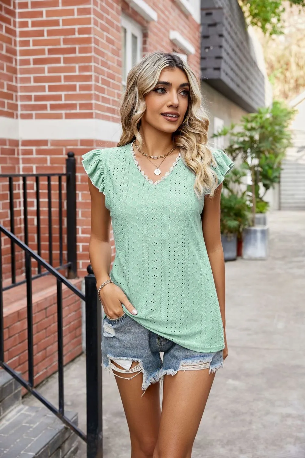 Eyelet Flutter Sleeve Scalloped V-Neck Top, image 11