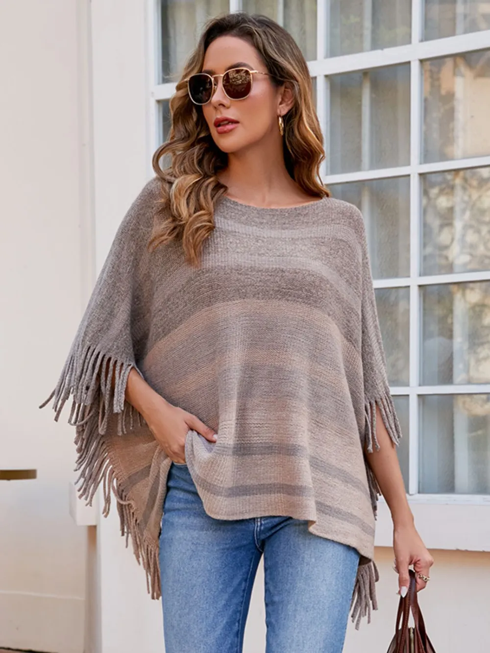 Striped Boat Neck Poncho with Fringes, image 2