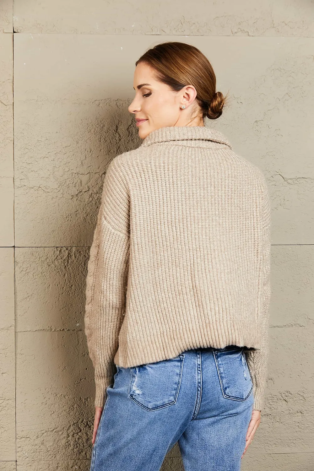 Half Zip Mixed Knit Collared Sweater, image 3