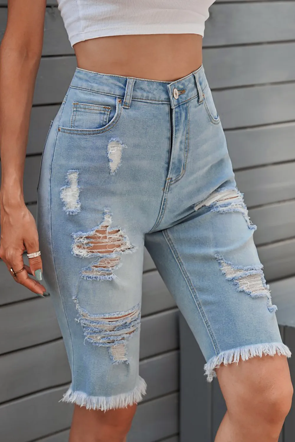 Distressed Raw Hem Denim Bermuda Shorts, image 3