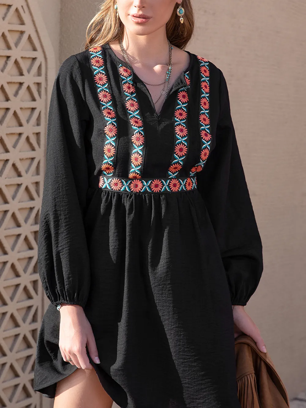 Notched Neck Long Sleeve Printed Mini Dress, image 4