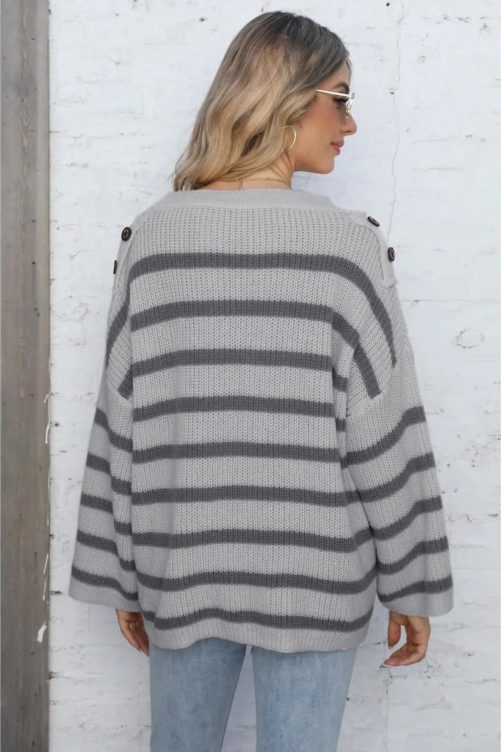 Round Neck Dropped Shoulder Striped Sweater, image 9