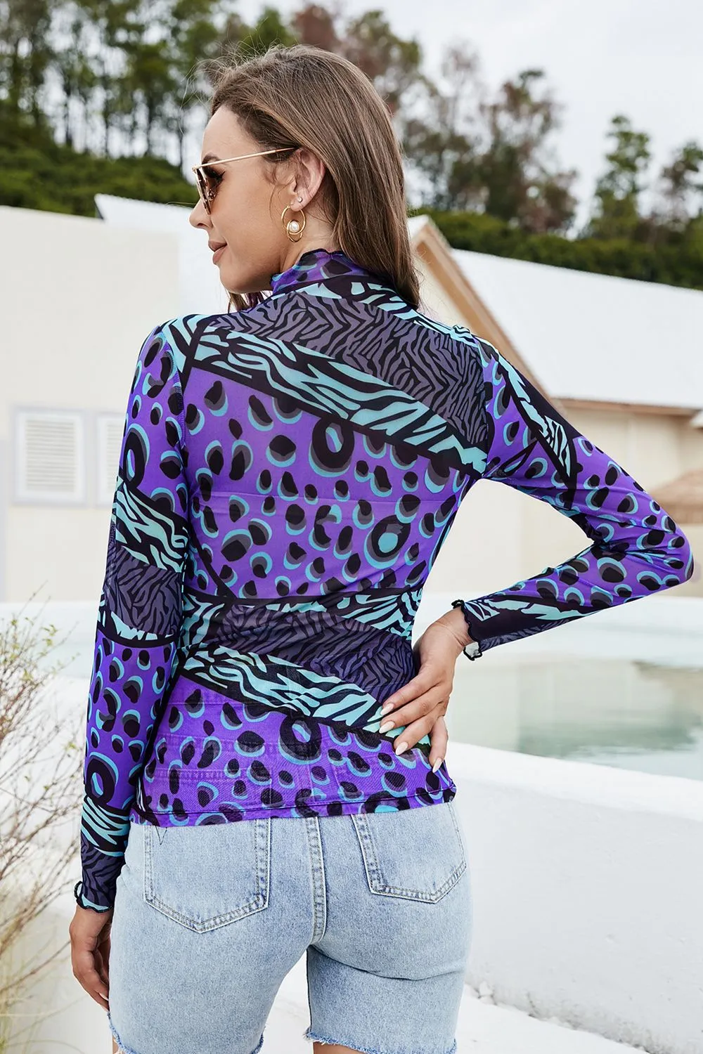 Printed Mock Neck Long Sleeve Blouse, image 8