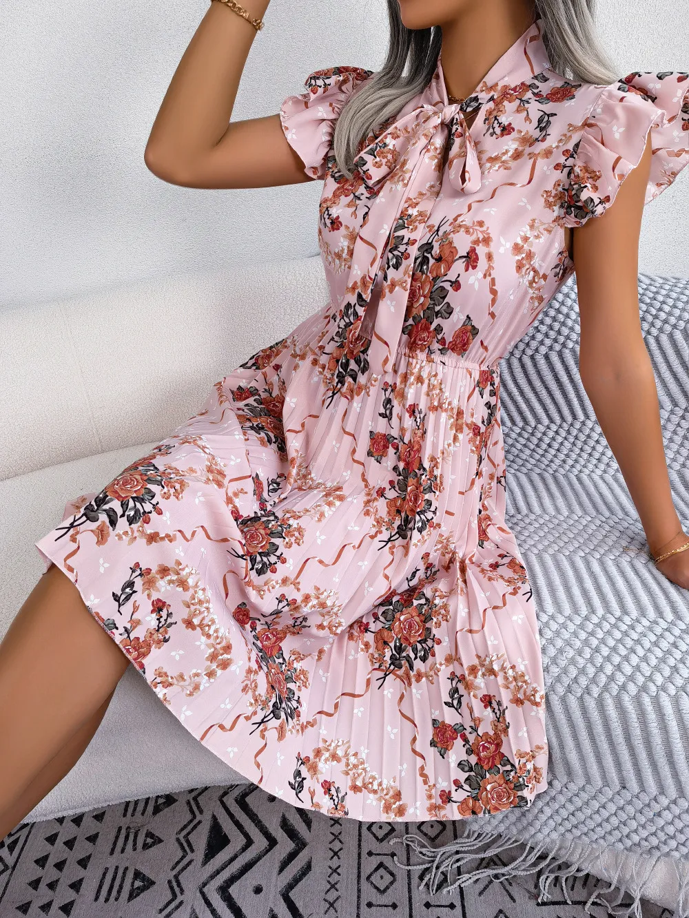Pleated Floral Printed Tie Neck Knee Length Dress, image 6