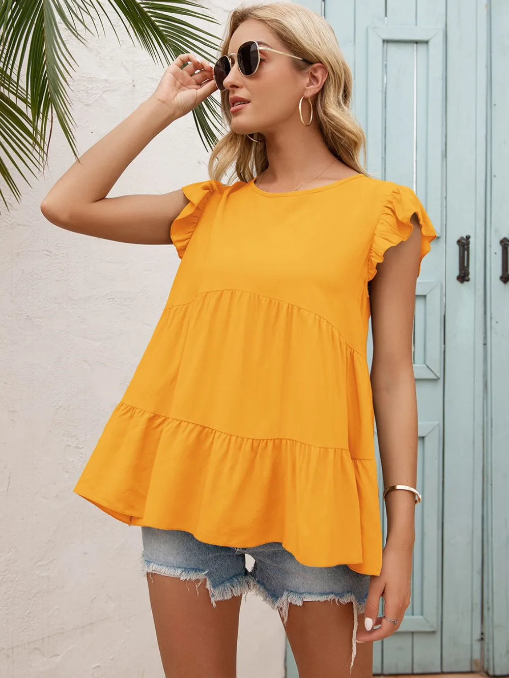 Round Neck Flutter Sleeve Tiered Blouse, image 4