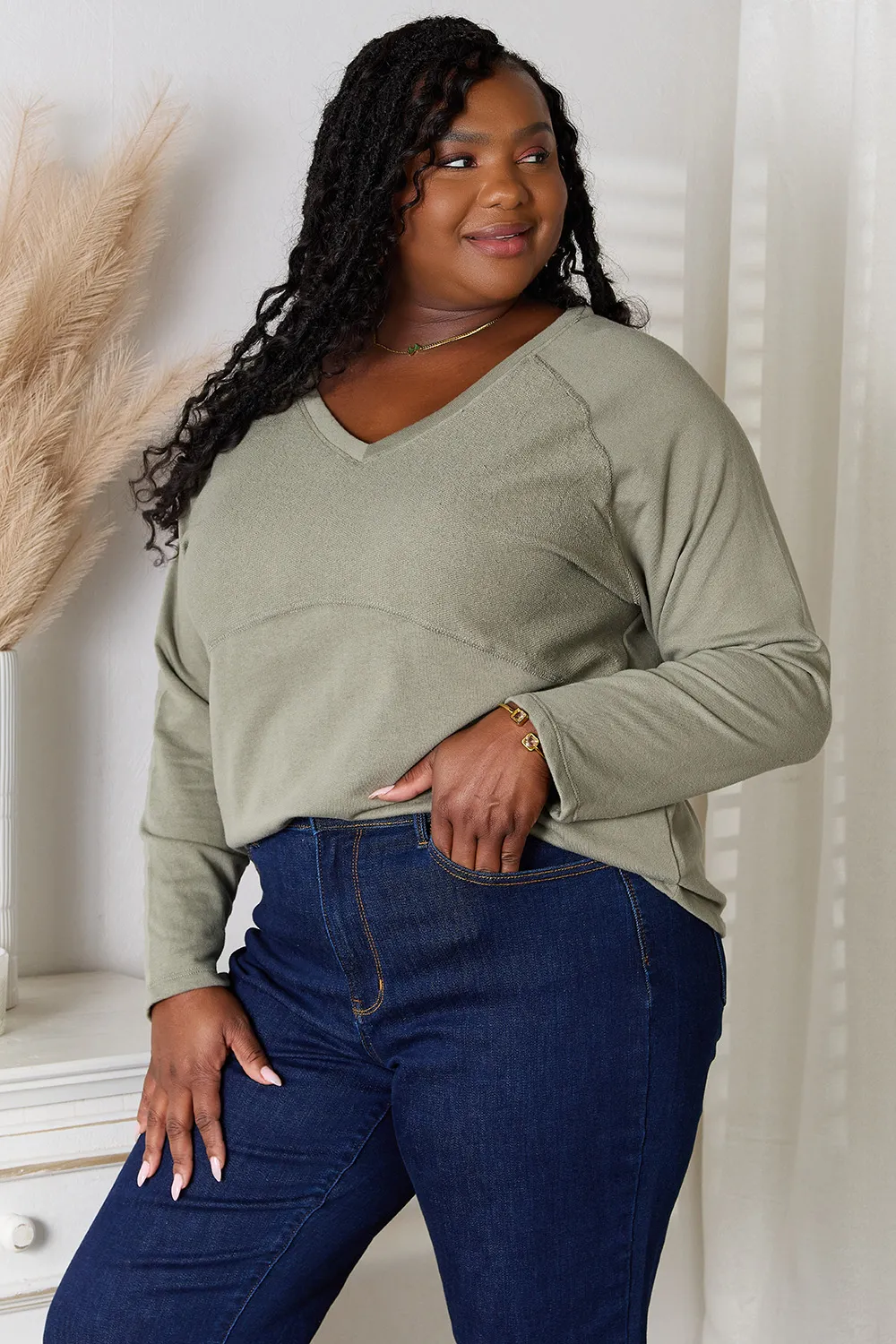 Full Size V-Neck Long Sleeve T-Shirt, image 3