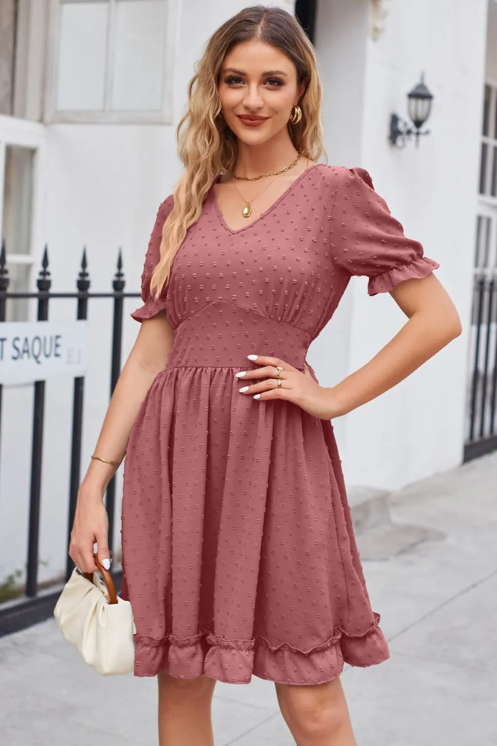 Swiss Dot Frill Trim Flounce Sleeve V-Neck Dress, image 9