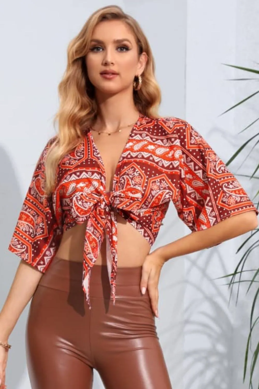 Printed Tie Front Cropped Dolman Sleeve Blouse, image 3