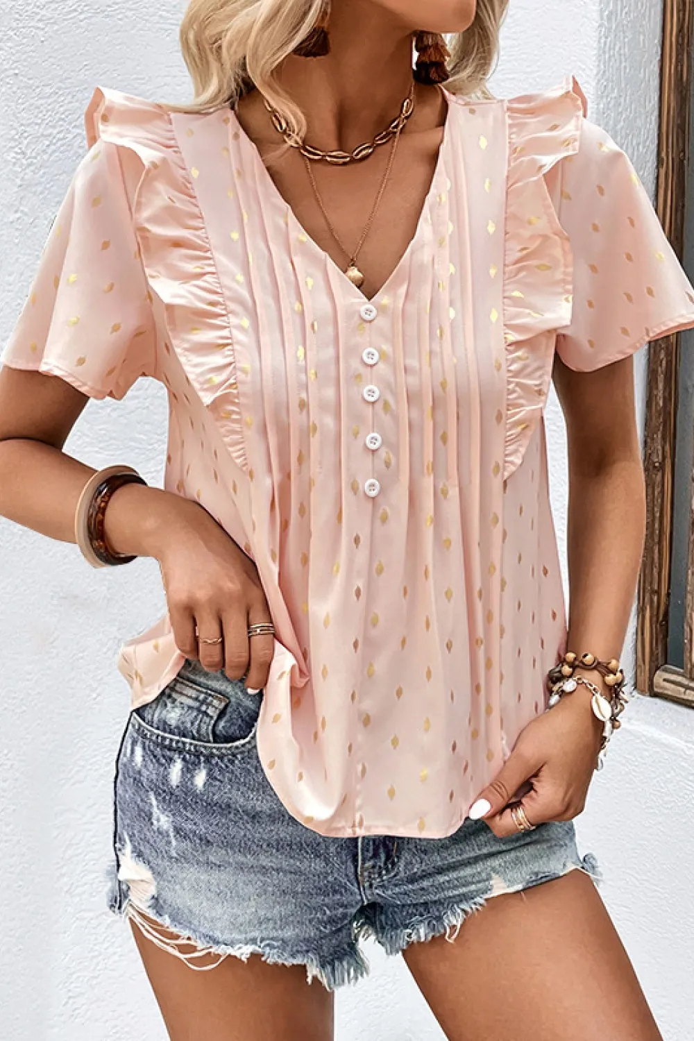 Printed Ruffle Trim Pleated Detail Blouse, image 4