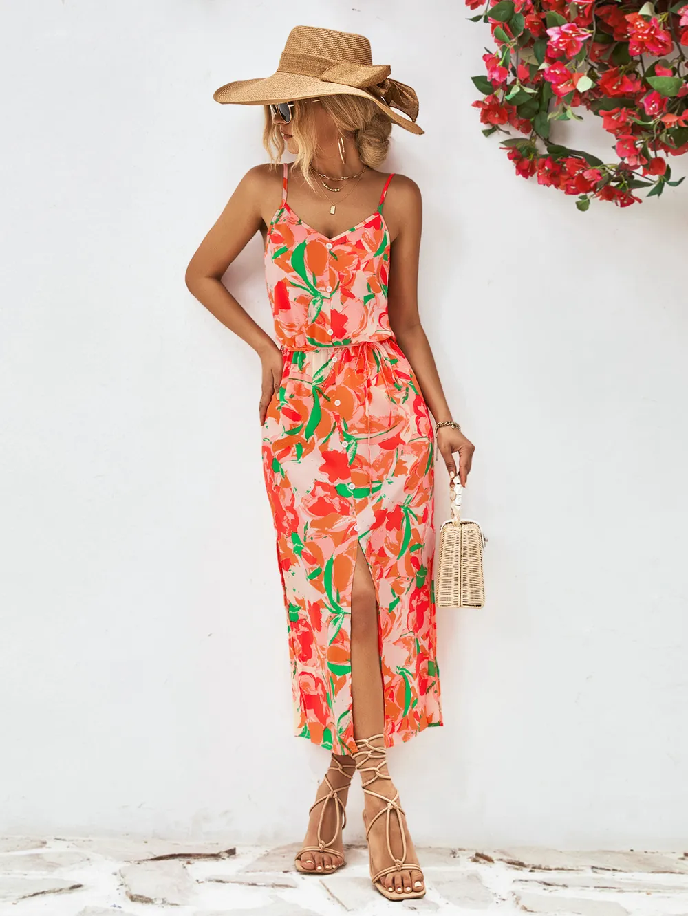 Printed Spaghetti Strap Front Slit Dress, image 7
