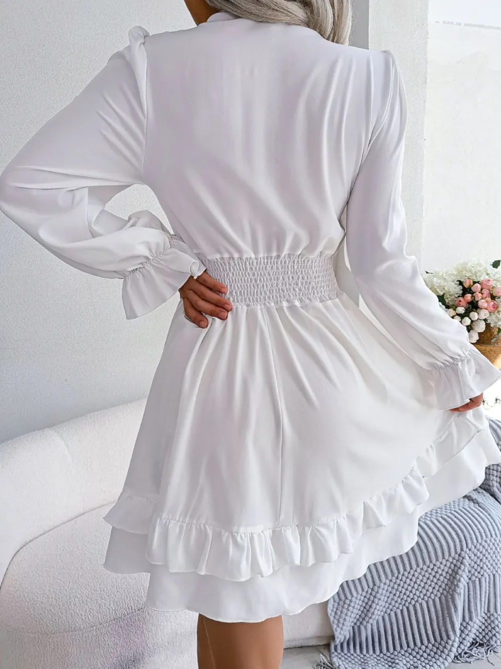 Tie Front Smocked Waist Flounce Sleeve Dress, image 12