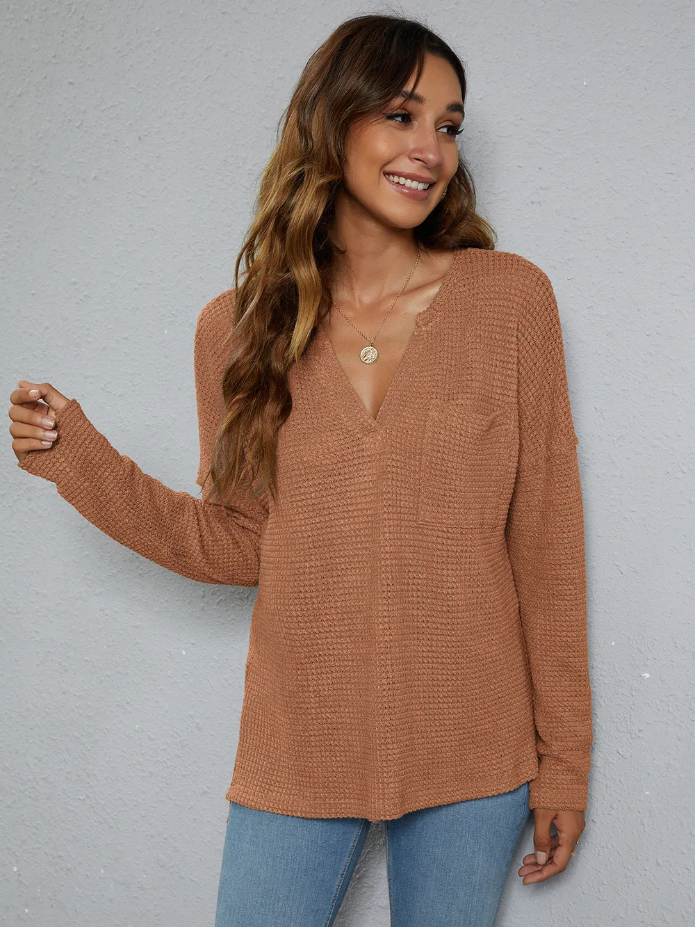 Dropped Shoulder High-Low Waffle-Knit Top, image 6