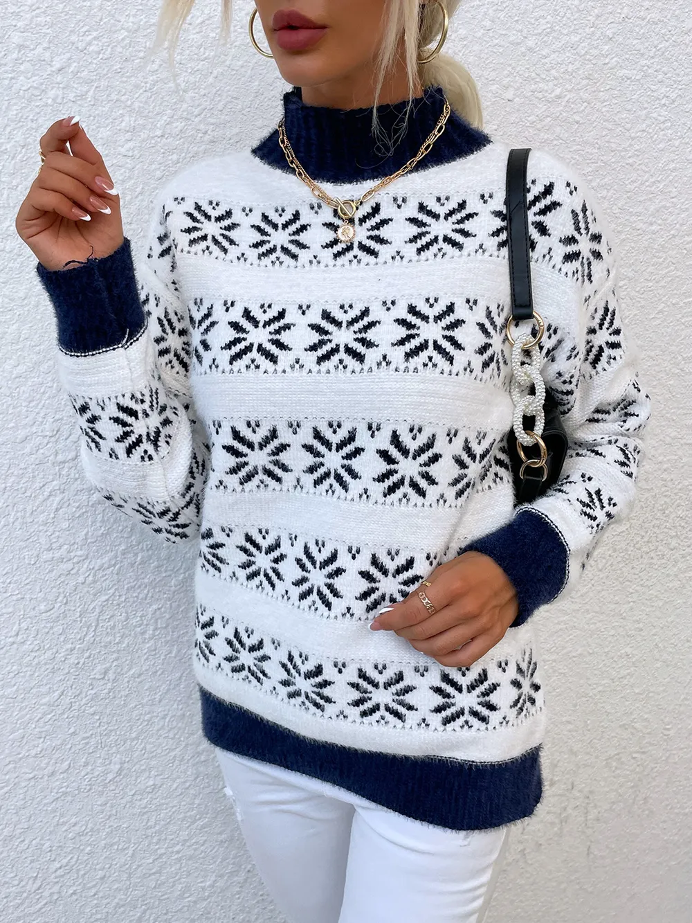 Snowflake Pattern Mock Neck Sweater, image 4