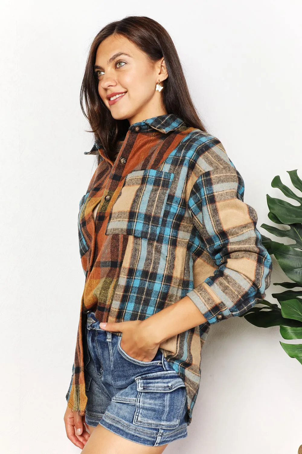 Plaid Curved Hem Shirt Jacket with Breast Pockets, image 8