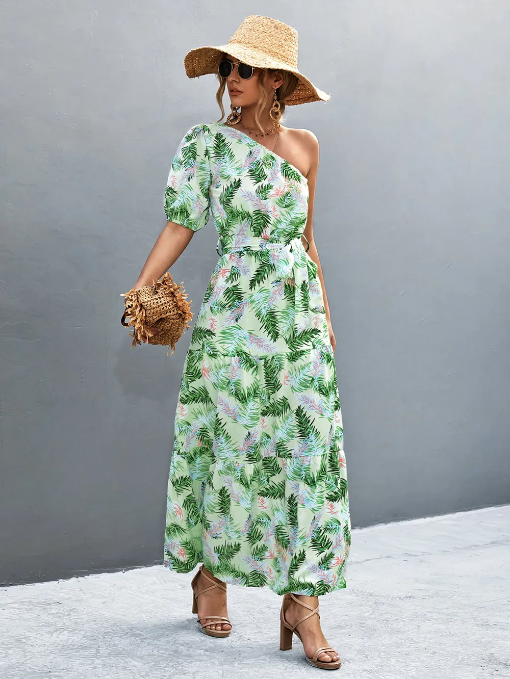 Printed Tie Waist One Shoulder Maxi Dress, image 8
