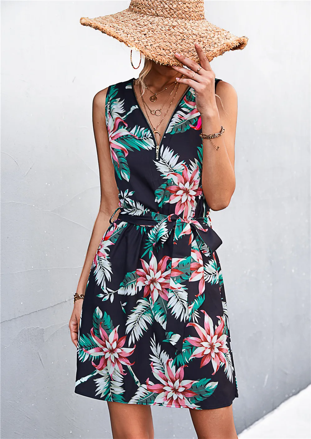 Printed Zip Detail Belted Sleeveless Dress, image 17