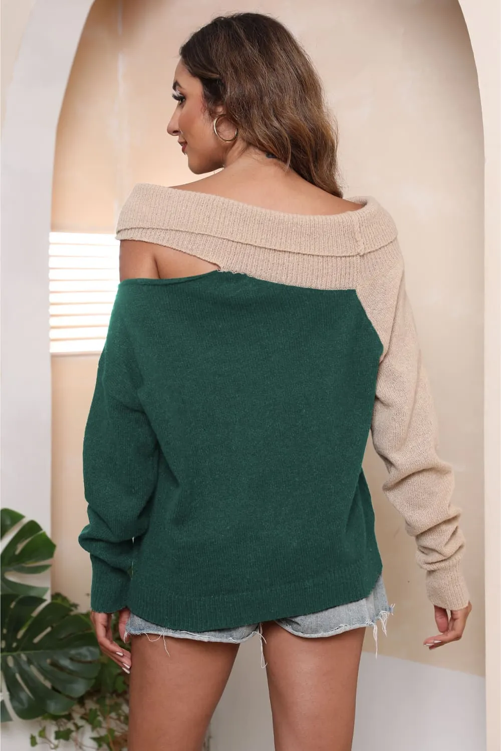 Asymmetrical Long Sleeve Two-Tone Cutout Sweater, image 12