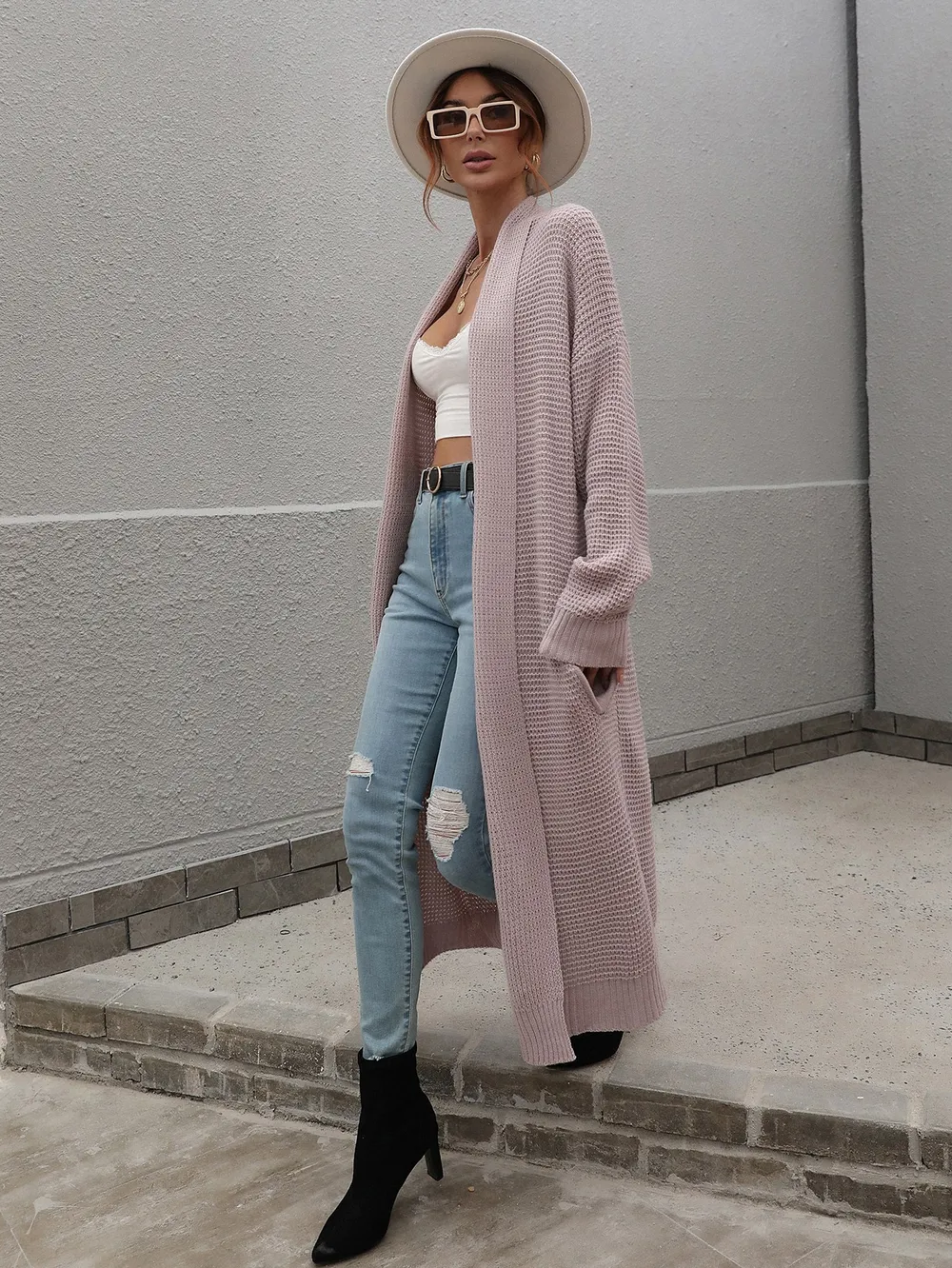 Waffle Knit Open Front Duster Cardigan With Pockets, image 10