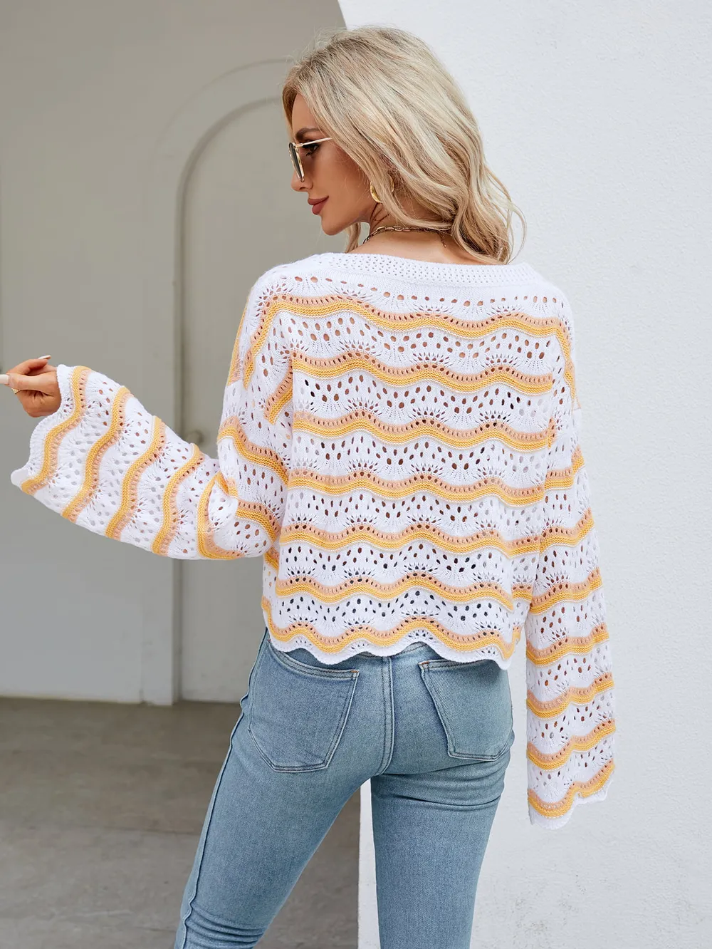 Round Neck Openwork Flare Sleeve Knit Top, image 19