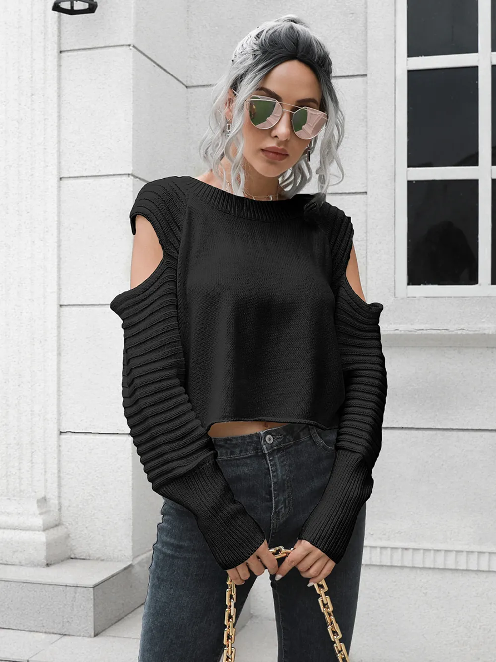 Cold-Shoulder Ribbed Trim Sweater, image 4