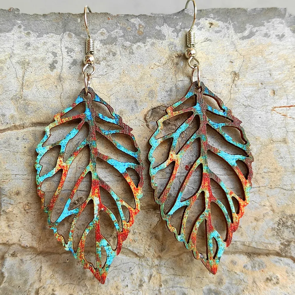 Leaf Shape Wooden Dangle Earrings, image 3