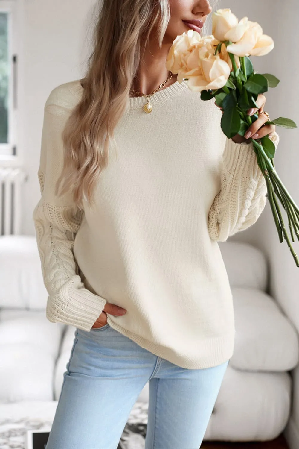 Cable-Knit Round Neck Drop Shoulder Sweater, image 4