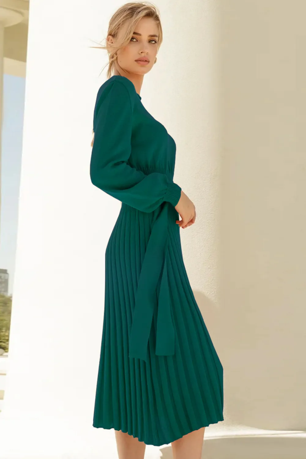 Round Neck Long Sleeve Pleated Sweater Dress, image 4