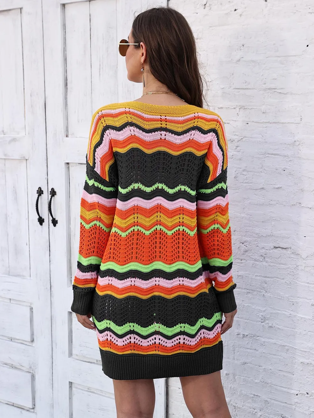 Openwork Round Neck Sweater Dress, image 2