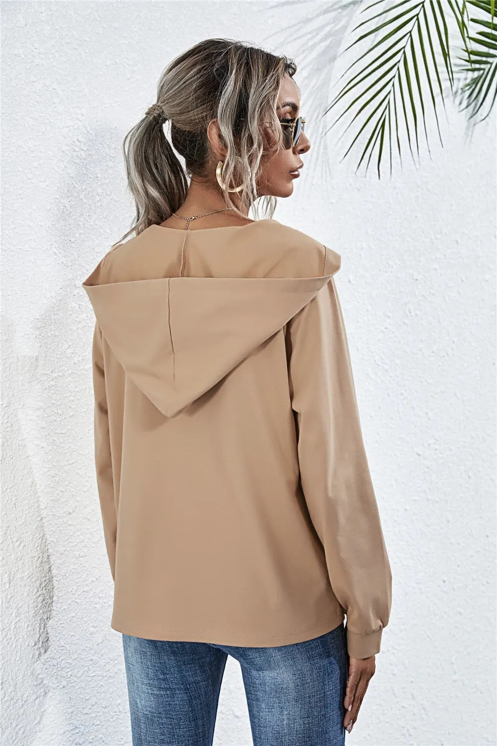 Buttoned Raglan Sleeve Hooded Blouse, image 2