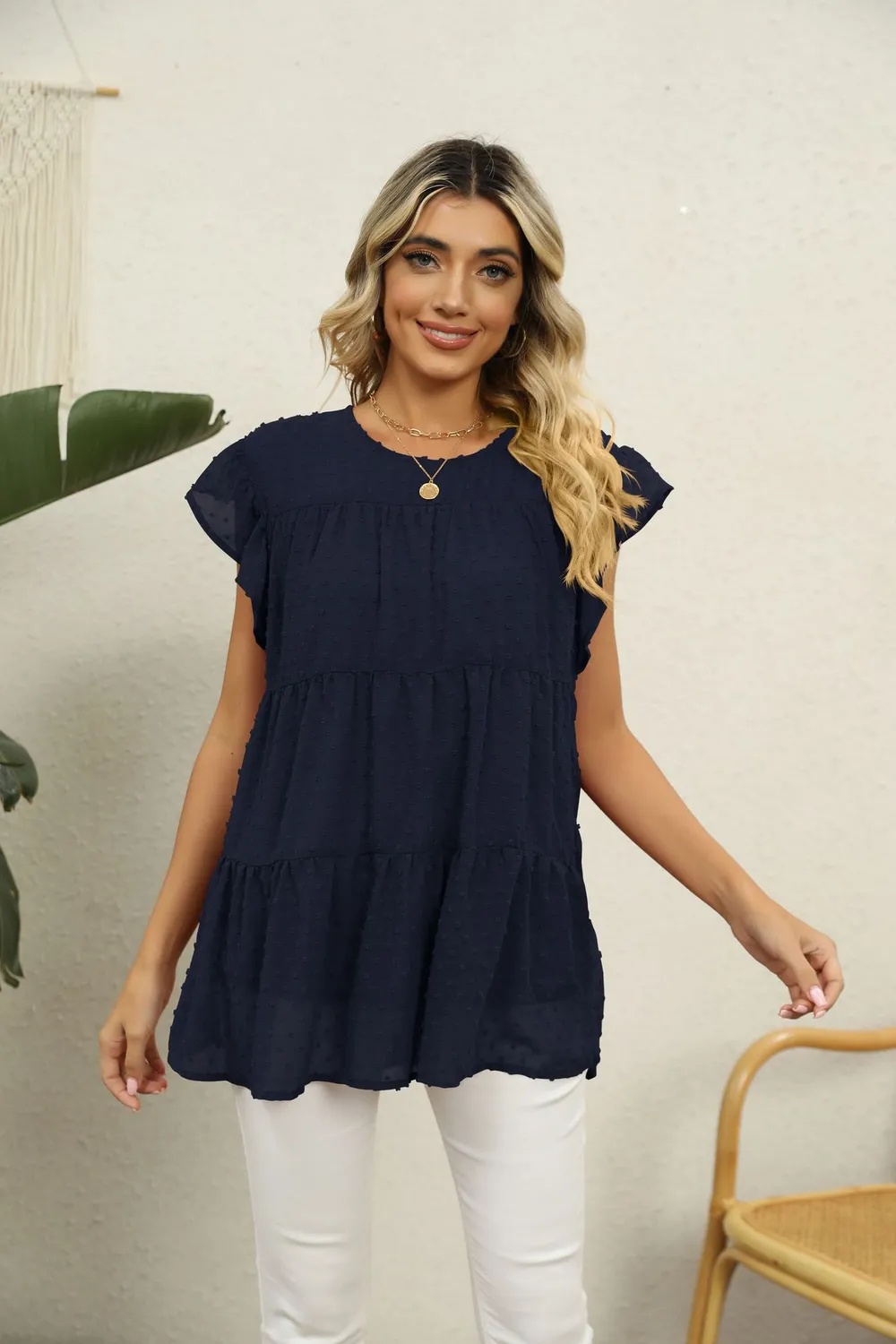 Swiss Dot Round Neck Tiered Blouse, image 11