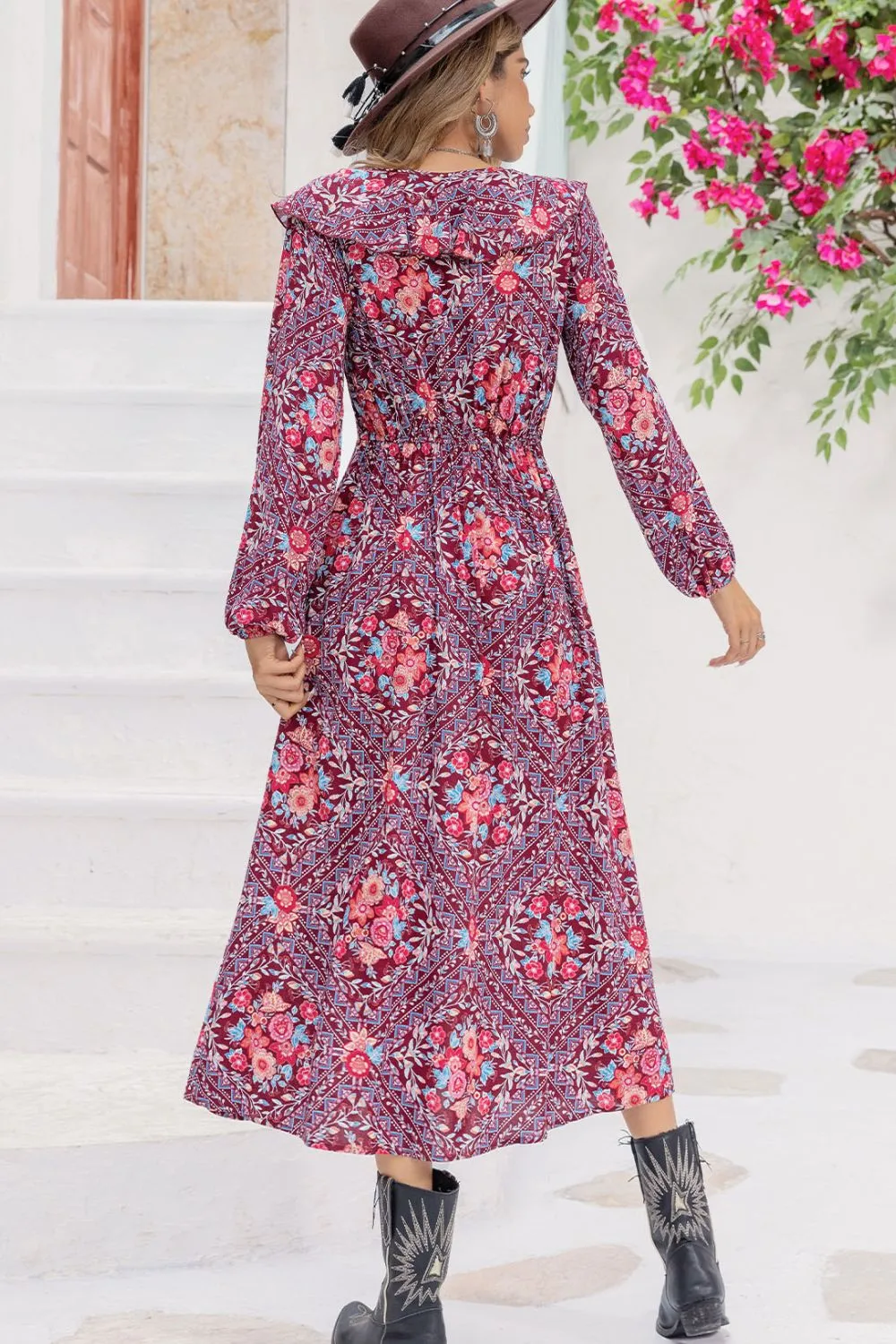 Printed Long Sleeve Slit Midi Dress, image 2