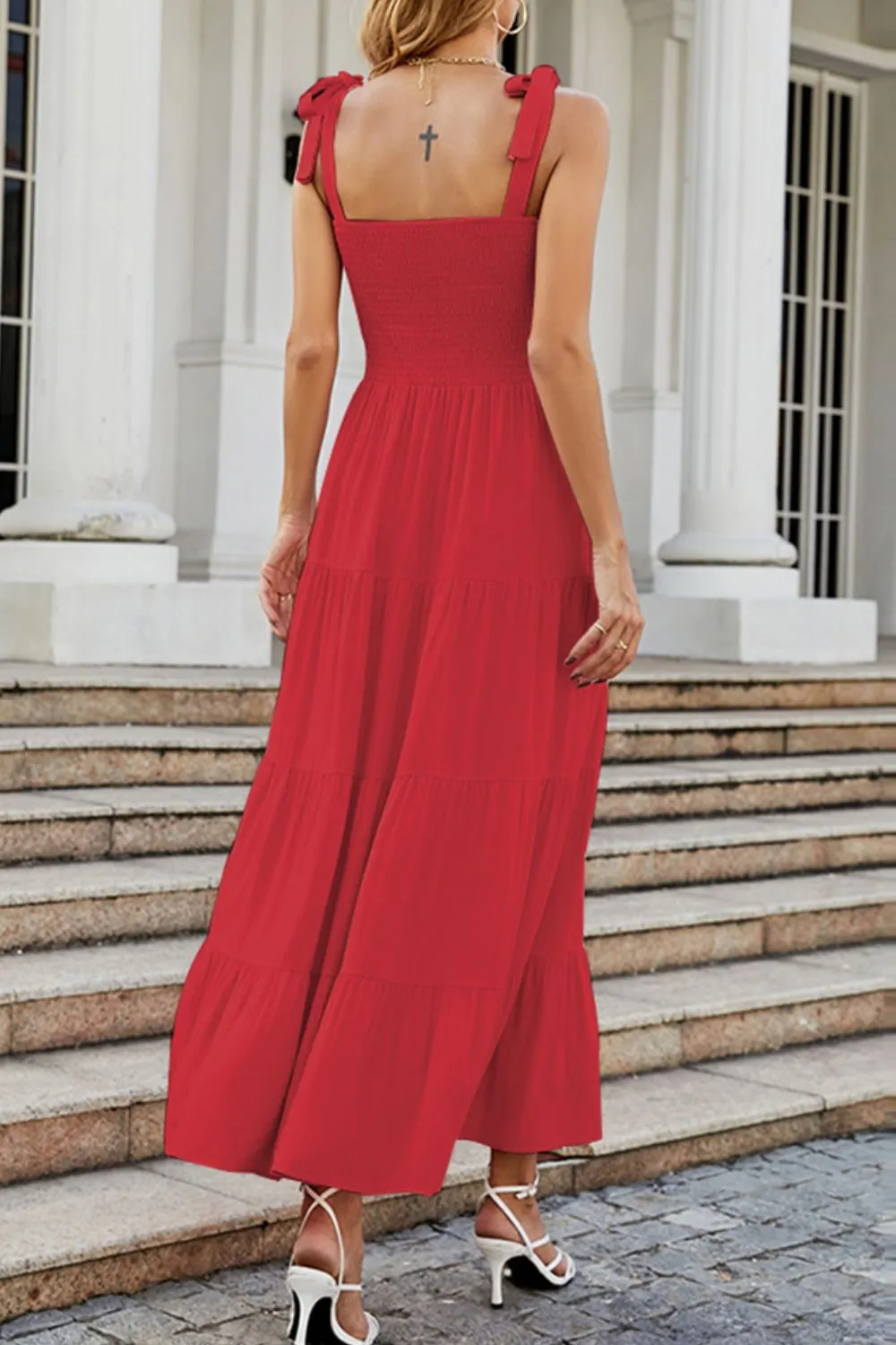 Tie-Shoulder Smocked Tiered Dress, image 6