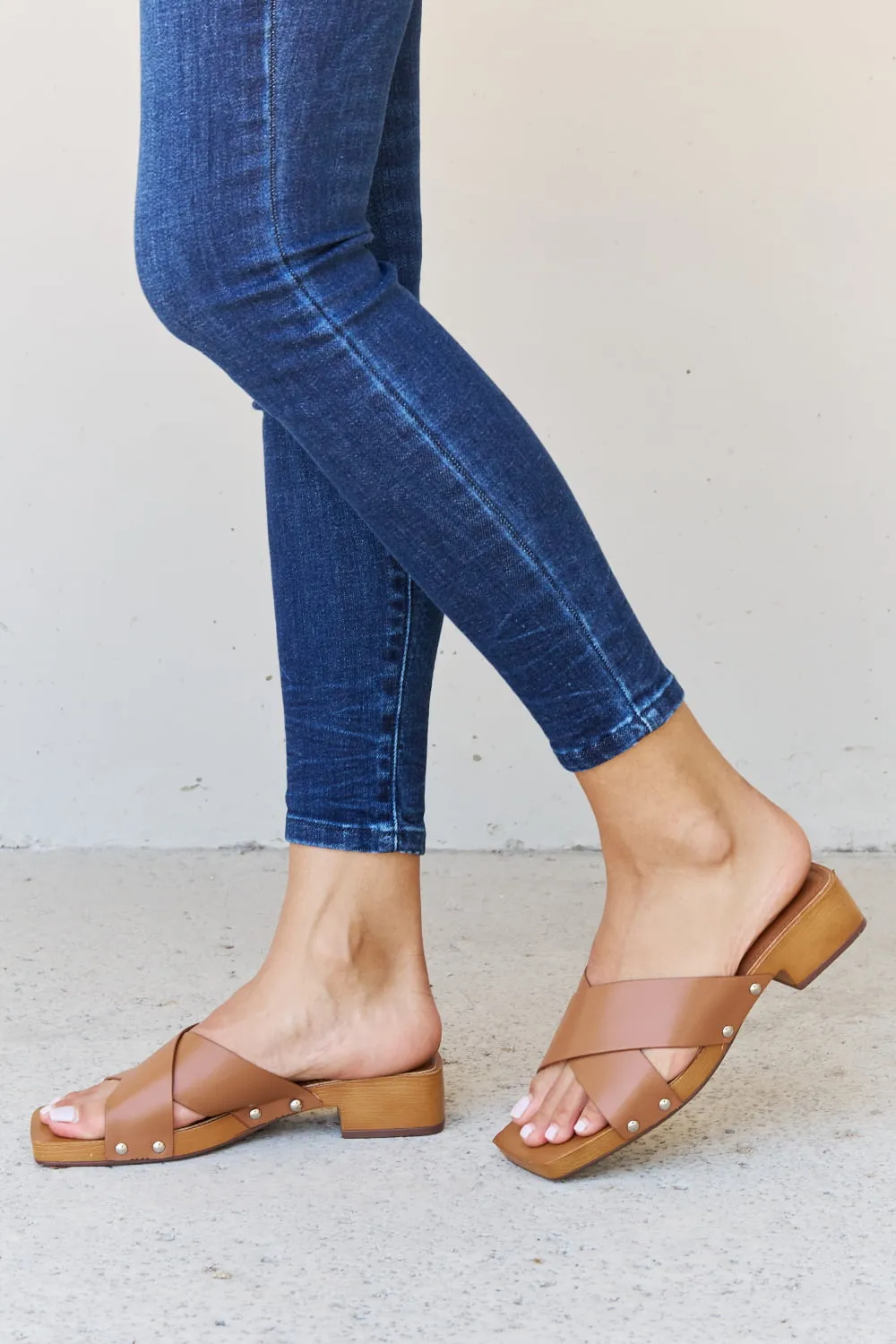 Step Into Summer Criss Cross Wooden Clog Mule in Brown, image 5
