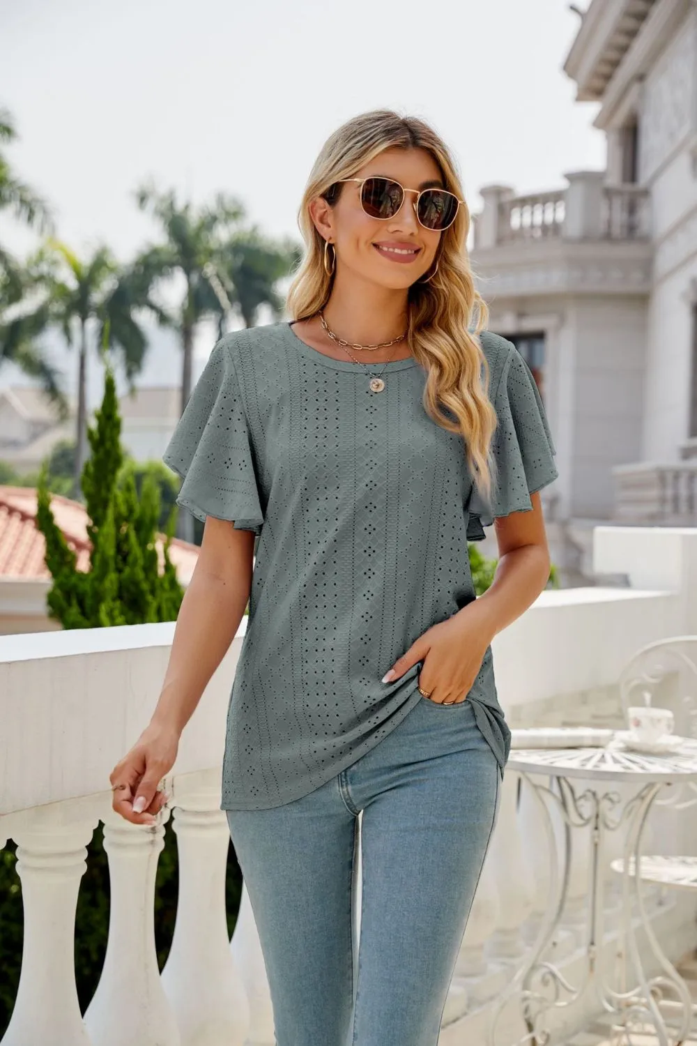 Eyelet Flutter Sleeve Round Neck Top, image 10